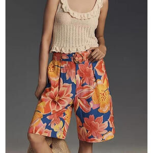 Farm Rio Linen Blend Waist Belted Floral Bermuda Shorts Women's Size XS Pink